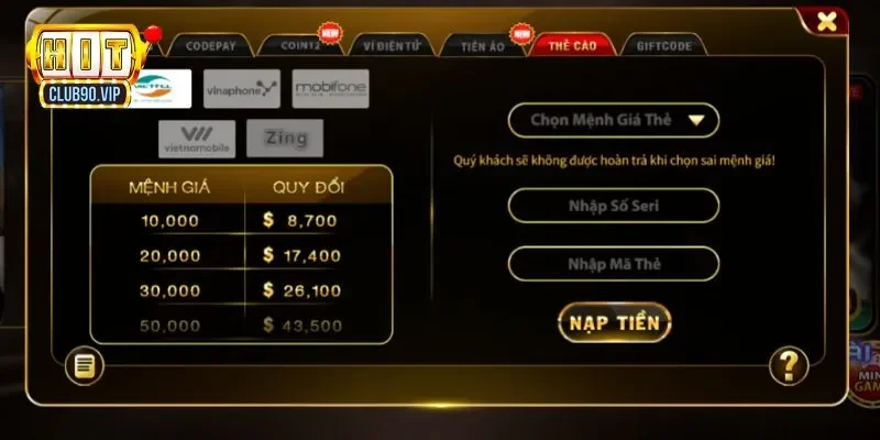 Có nhiều phương thức nạp tiền Hitclub để bạn lựa chọn 